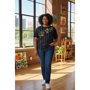 Eminent Womens Black Floral Sequin 1/2 Sleeve Blouse Top Size M